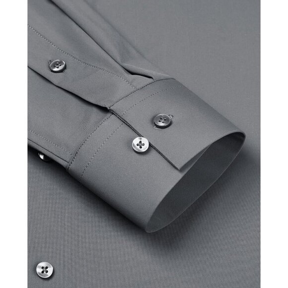 Men Silver Long Sleeve Slim Muscle Fit Wrinkle Free Button Down Dress Shirts - Picture 3 of 9